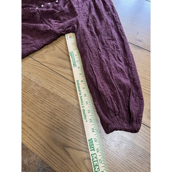 Old Navy Top Women Small Maroon Embroidered Eyelet Long Sleeve Peasant Boho - Picture 9 of 14
